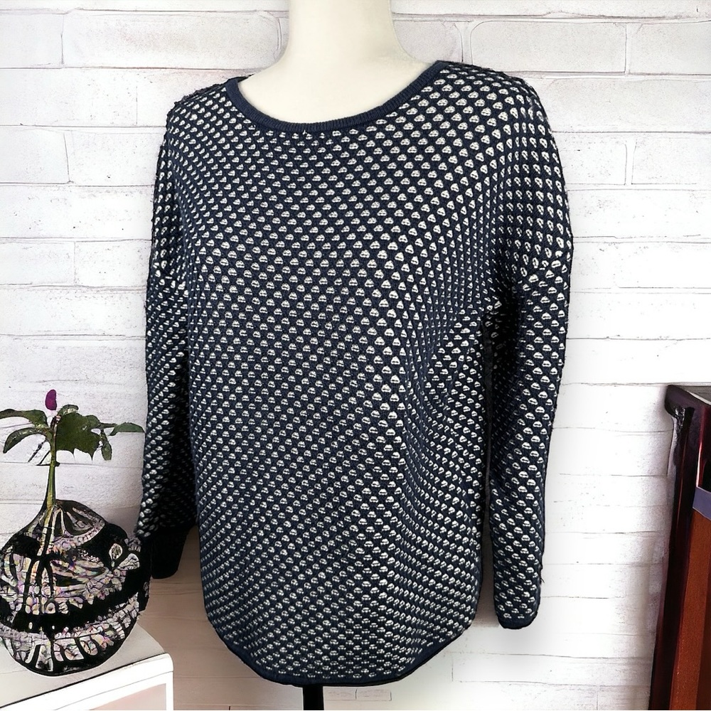 Monoprix Femme Navy Blue and White Knit Crew Neck Long Sleeve Sweater Size 2